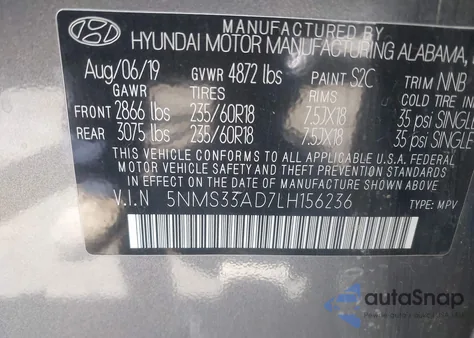2020 Hyundai Santa Fe Sel from USA, damaged, VIN 5NMS33AD7LH156236